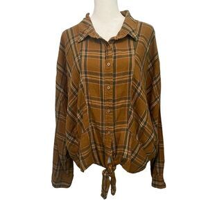 Women’s Long Sleeve Plaid Crop Top Sz XL Aged Bronze​​​